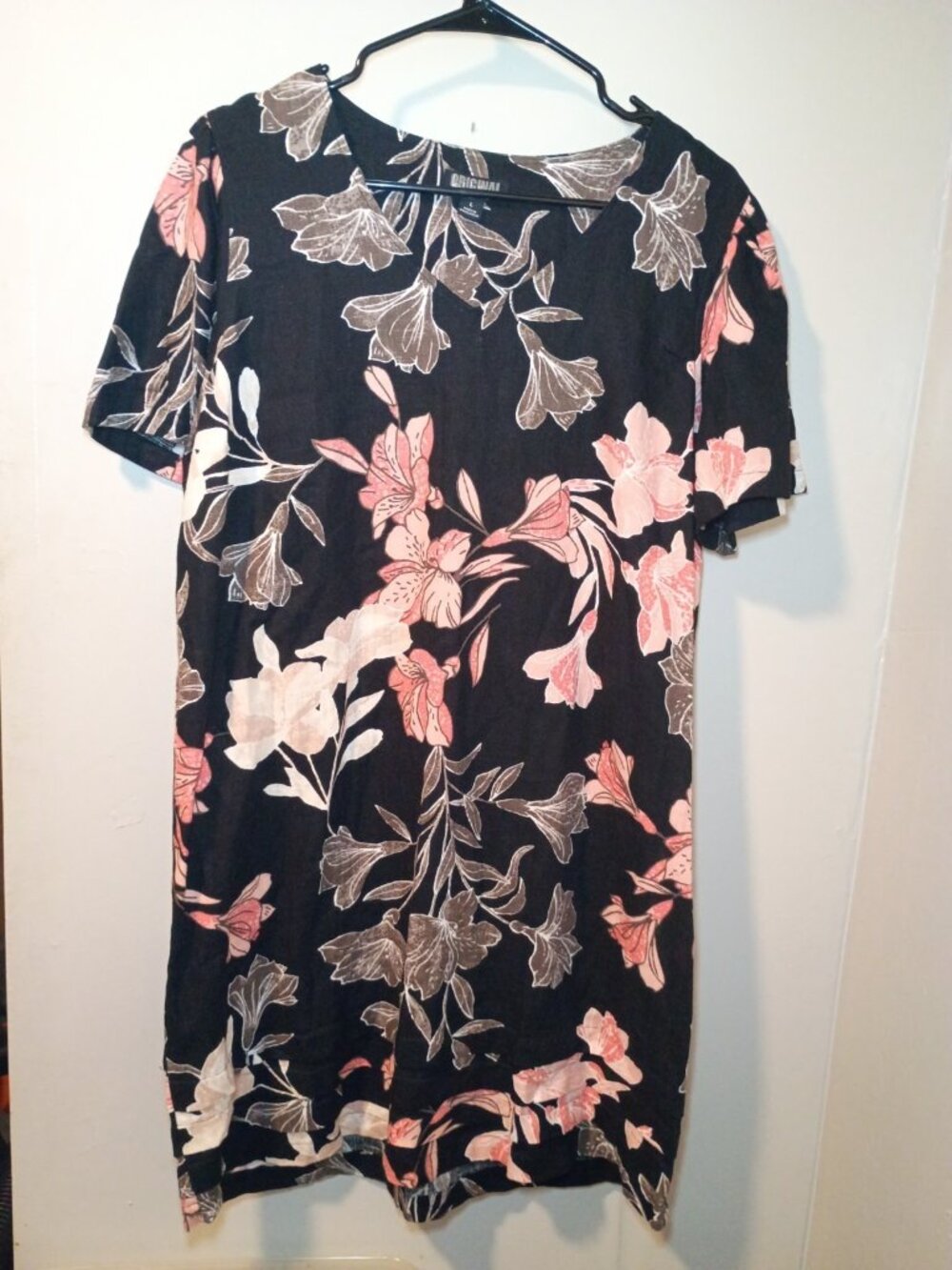 Women's Large Nicole Miller Linen Blend Ruffle Hem Dress Black Floral Career